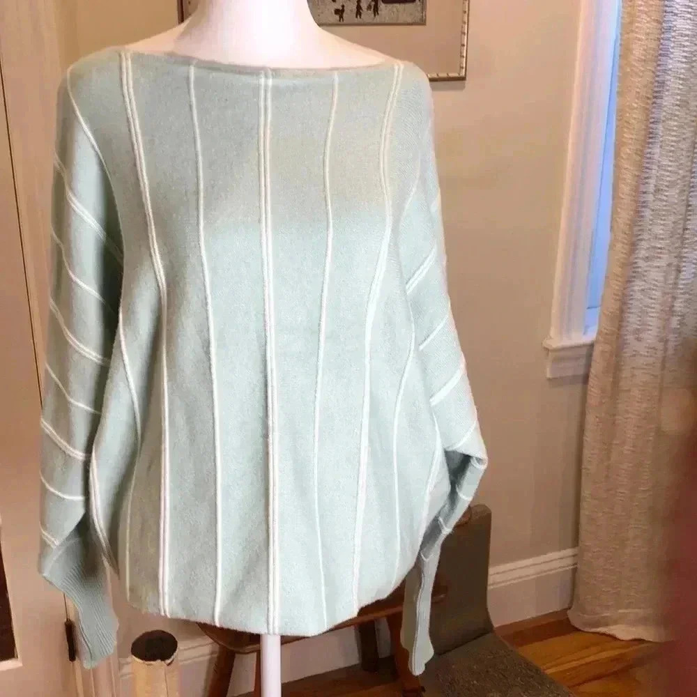 Magaschoni pastel green & white striped sweater with boat neck. Size L